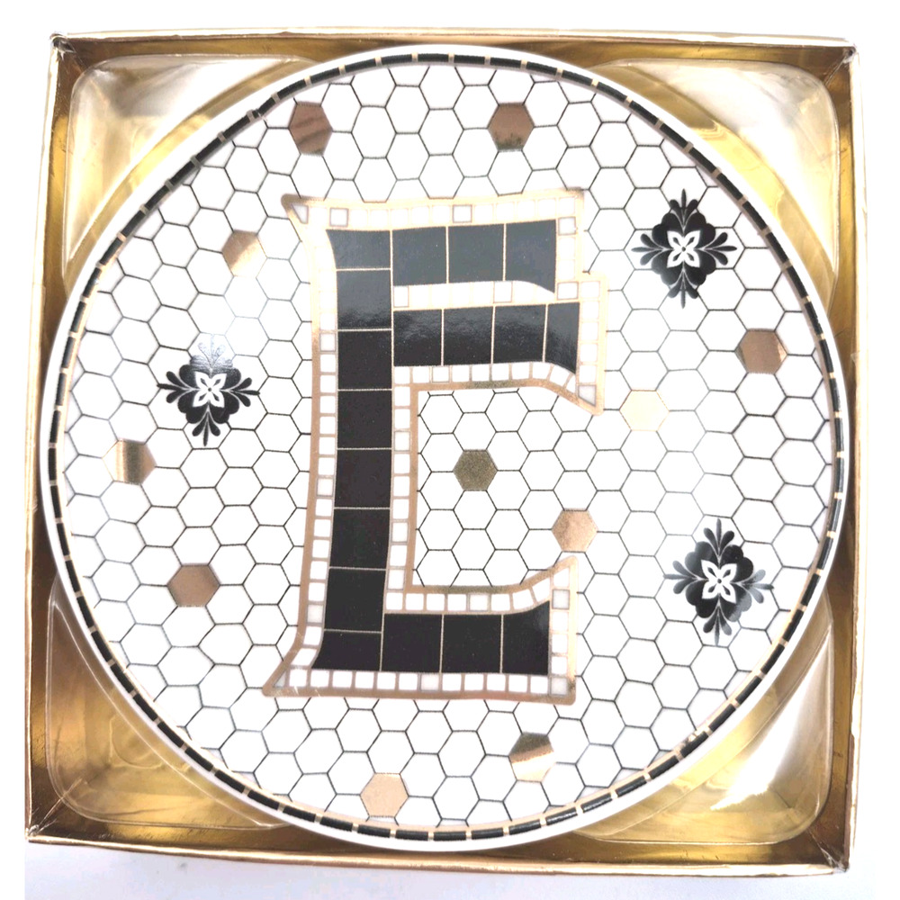 Monogram E Ceramic Trinket Tray Black White Gold 4.75" Pink Sky NEW